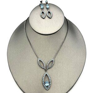 GIVENCHY Blue Rhinestone Necklace and Pierced Dangle Earrings Set Gunmetal 17"